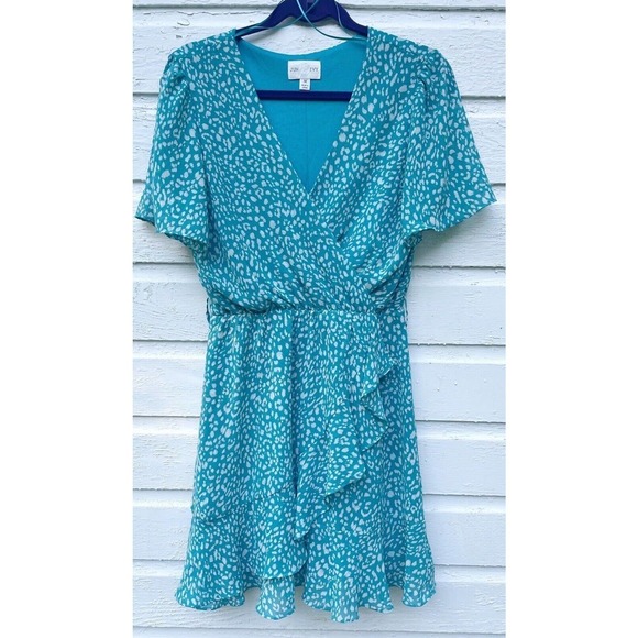 Jun Ivy Dress Aqua Blue Chiffon Flutter Sleeve Vneck Faux Wrap Polka Dot Midi - Picture 1 of 5